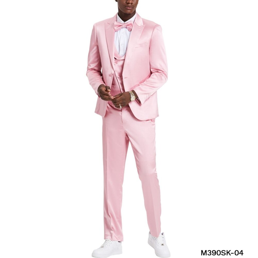 Dusty Rose Satin Textured 3 Piece Skinny Fit Tazzio Men's Suit
